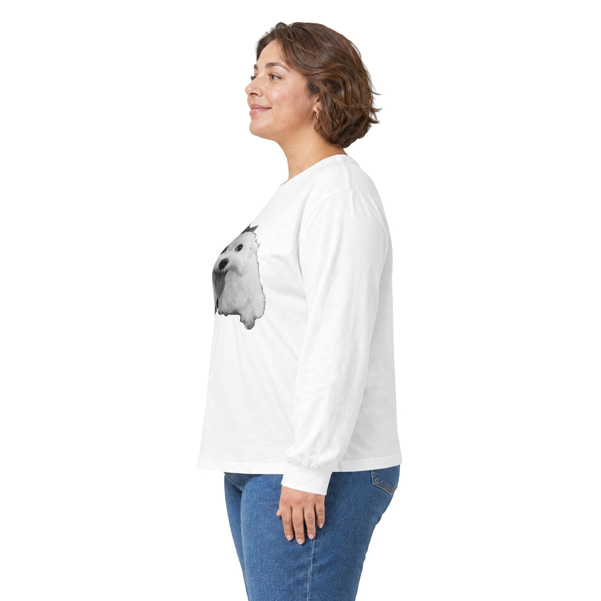 Cute Dog in Hat Long Sleeve Tee — Playful Maltese Puppy Graphic Shirt