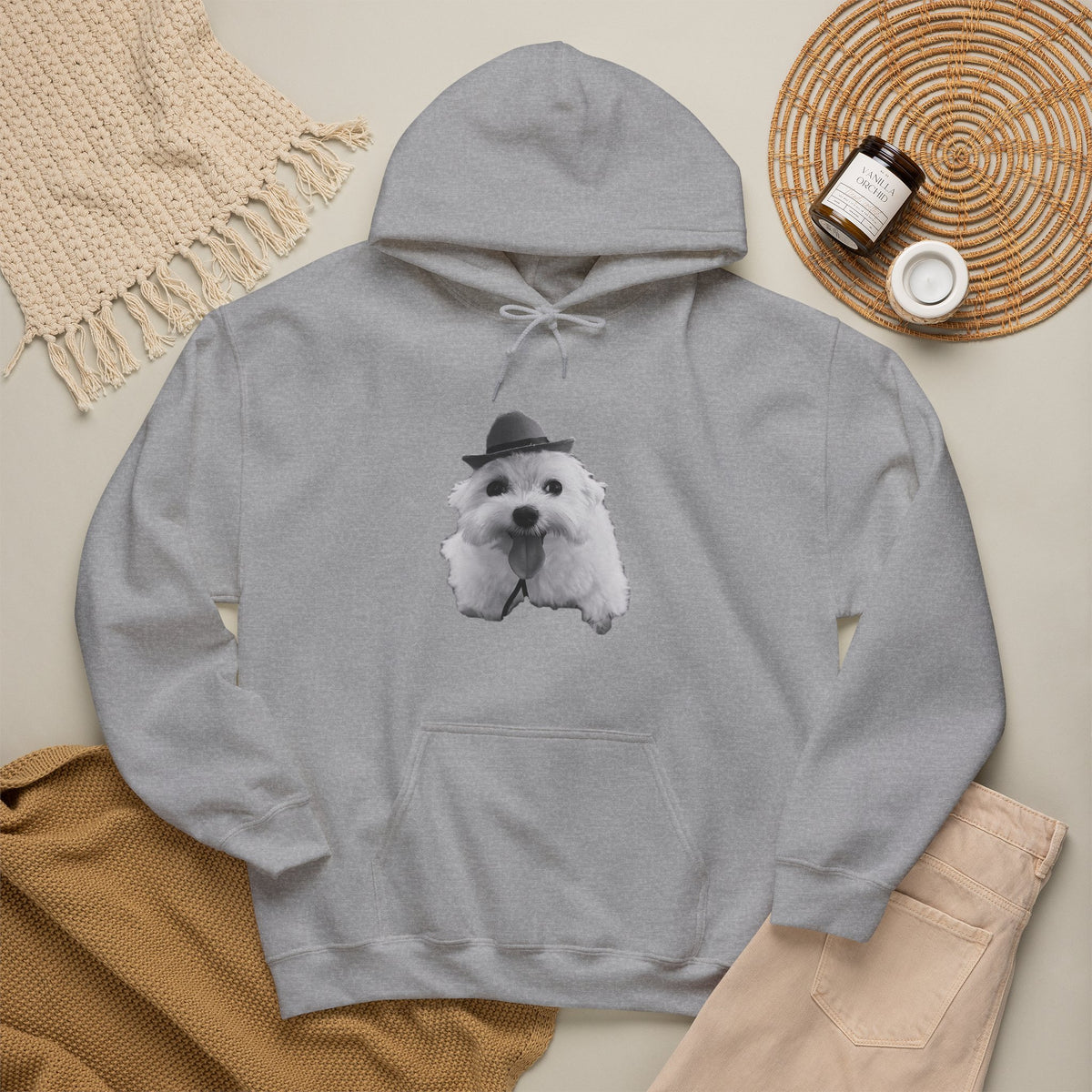 Cute Dog Hoodie — Fluffy Pup with Hat Graphic Sweatshirt
