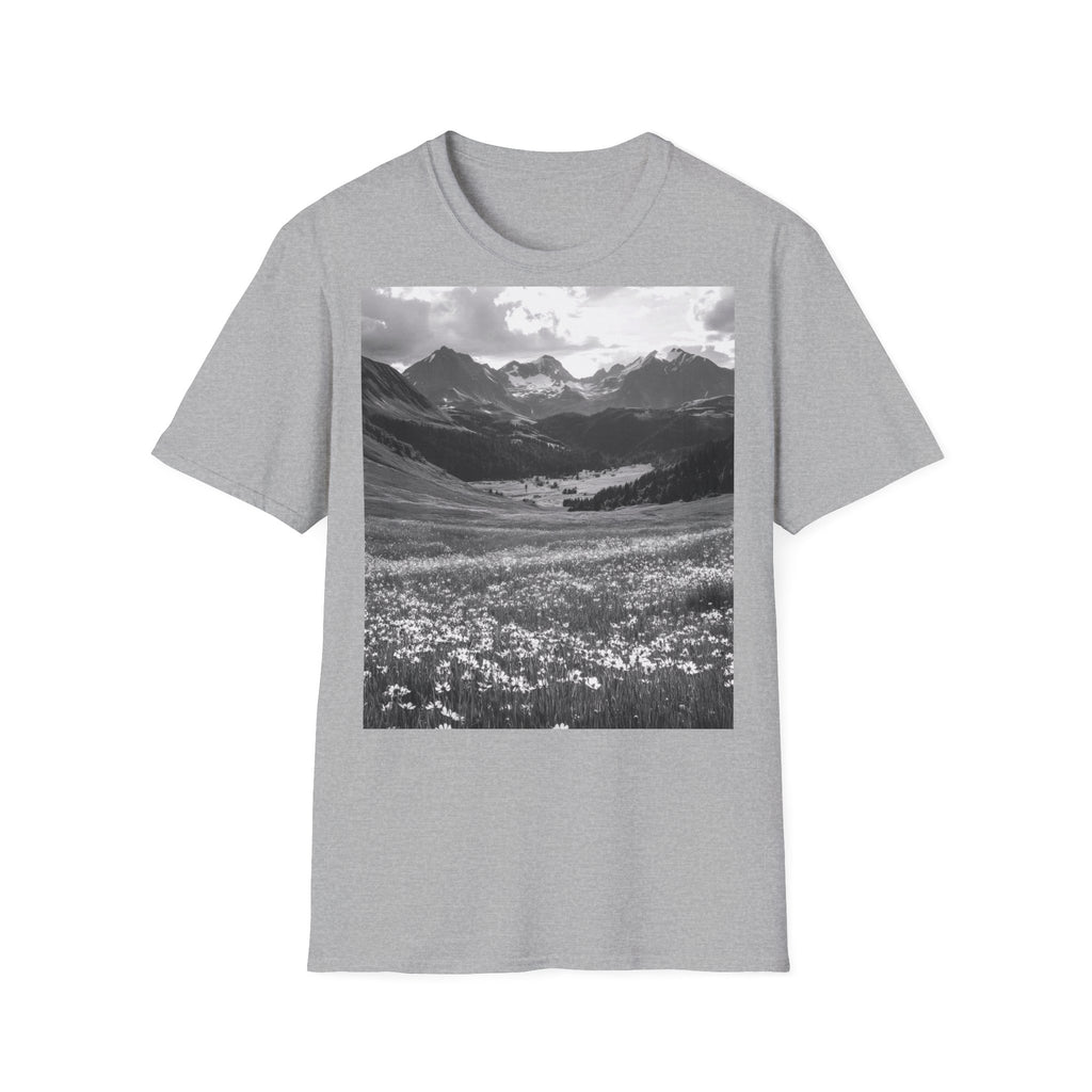 Mountain Meadow Photo T-Shirt — Black & White Nature Landscape Tee