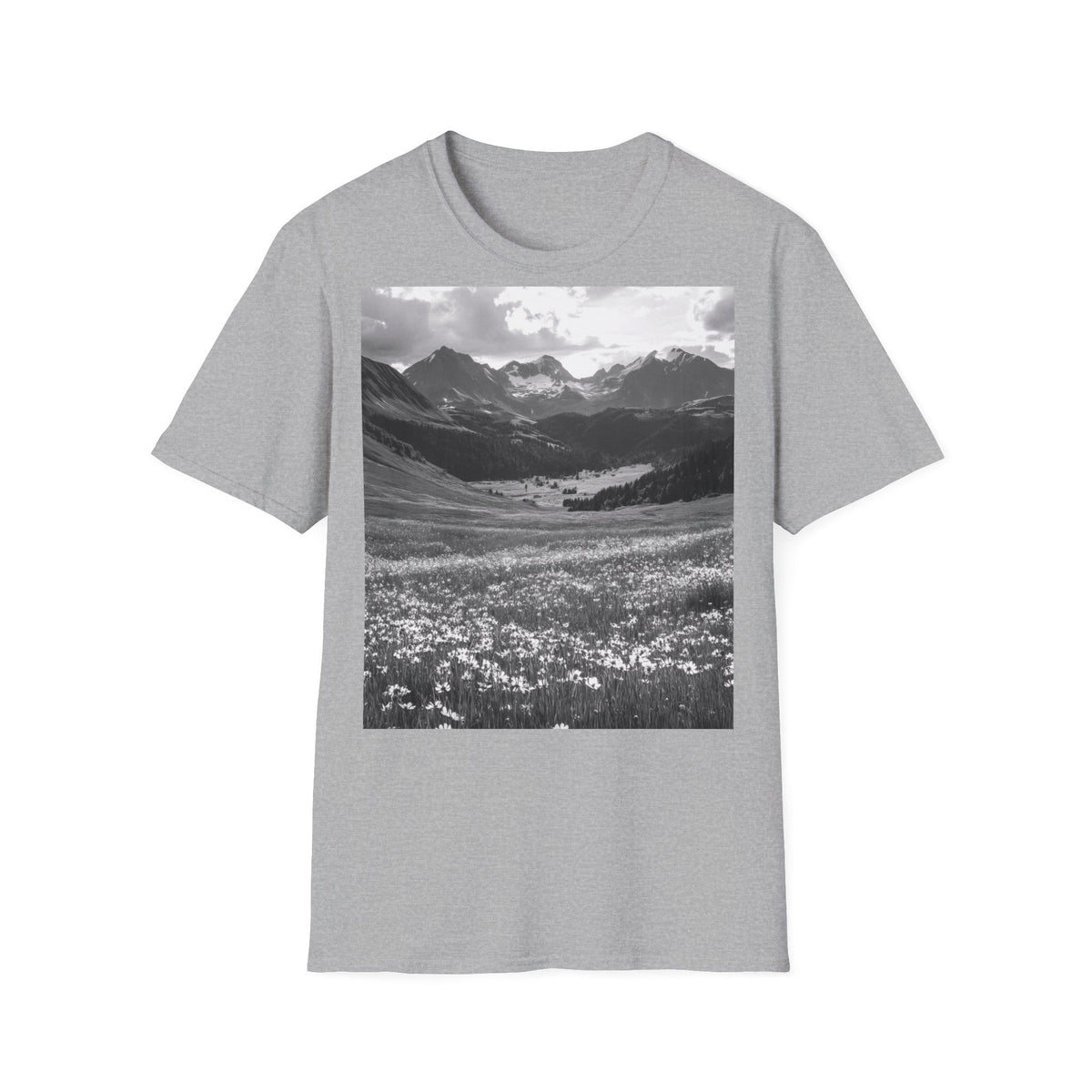 Mountain Meadow Photo T-Shirt — Black & White Nature Landscape Tee