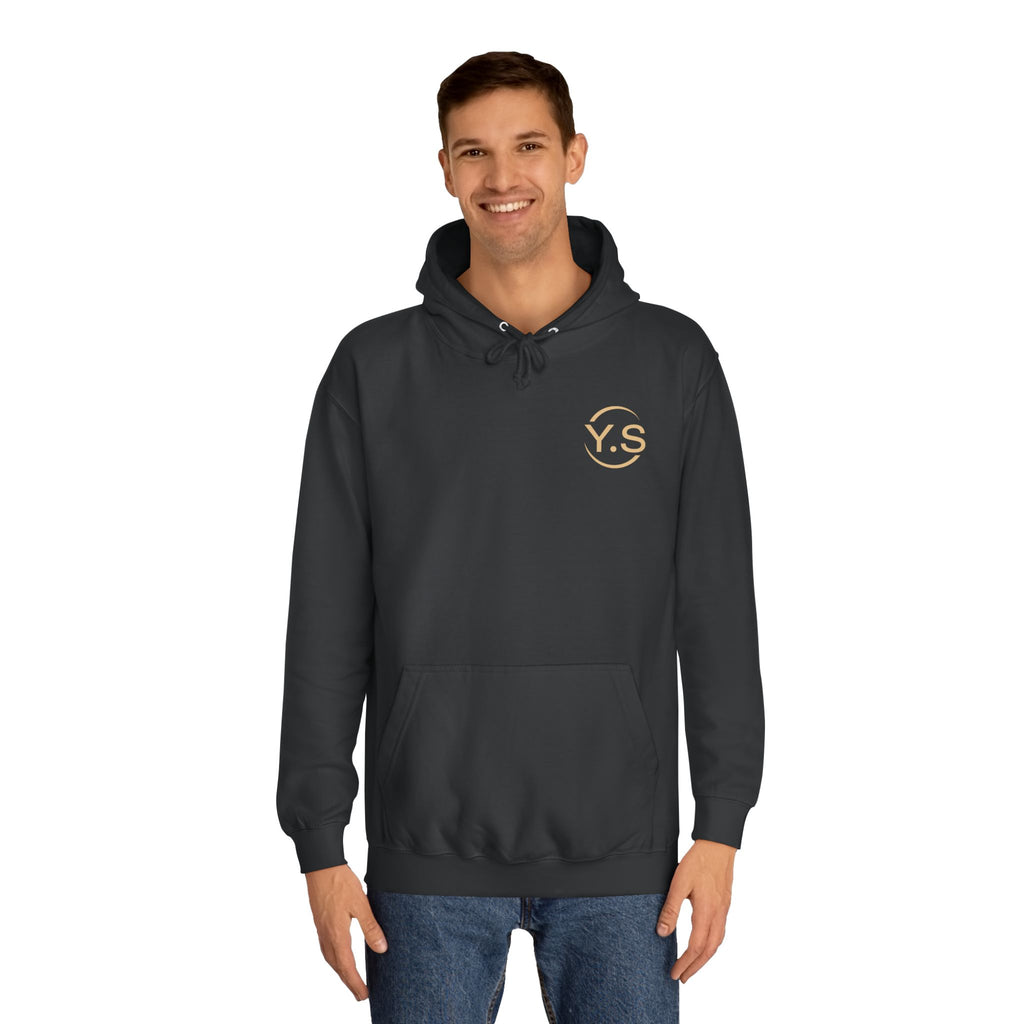 Minimalist White Hoodie with Gold 'Y.S' Chest Logo — Cozy College Style