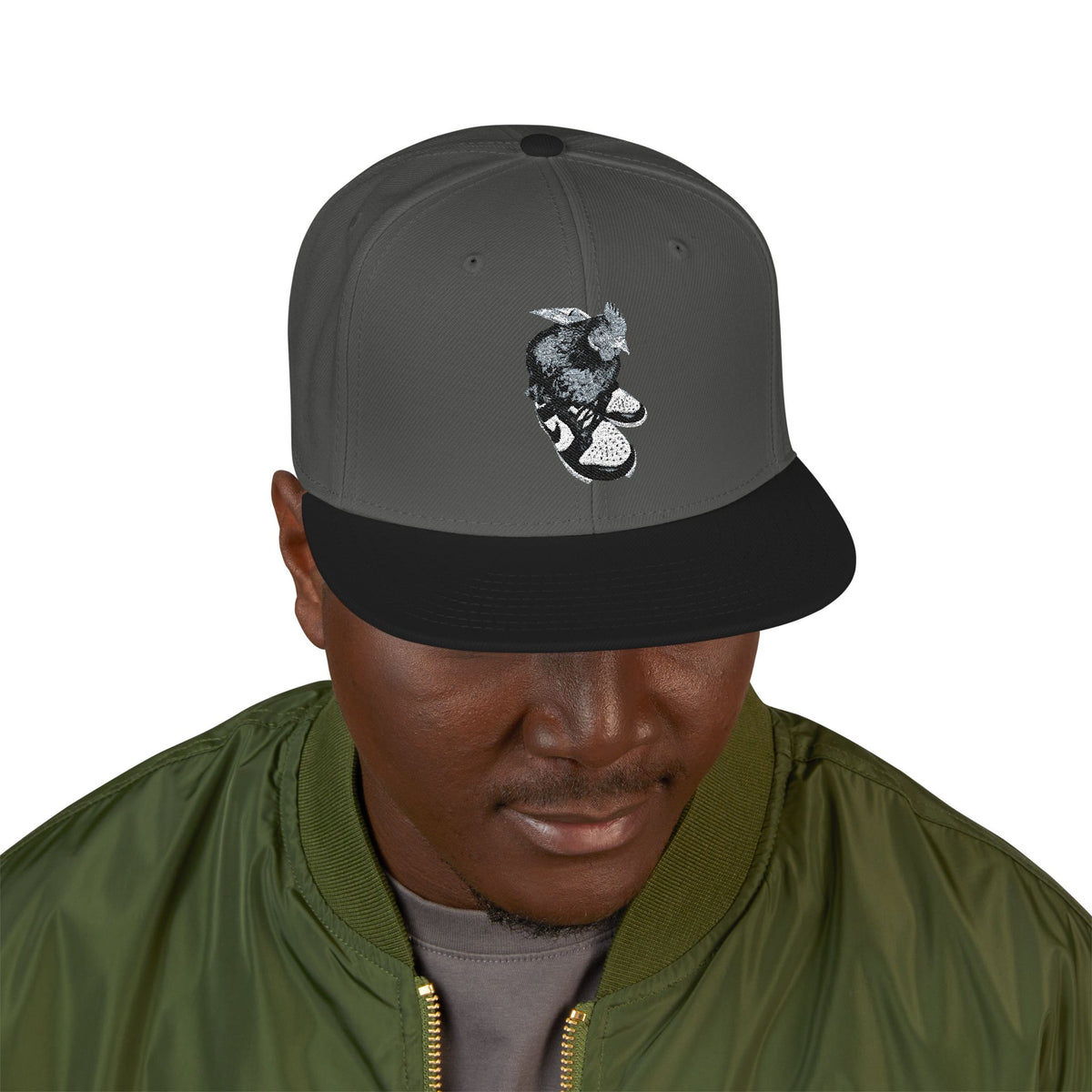 Embroidered Dragon Snapback Hat — Metallic Silver Oriental Crest