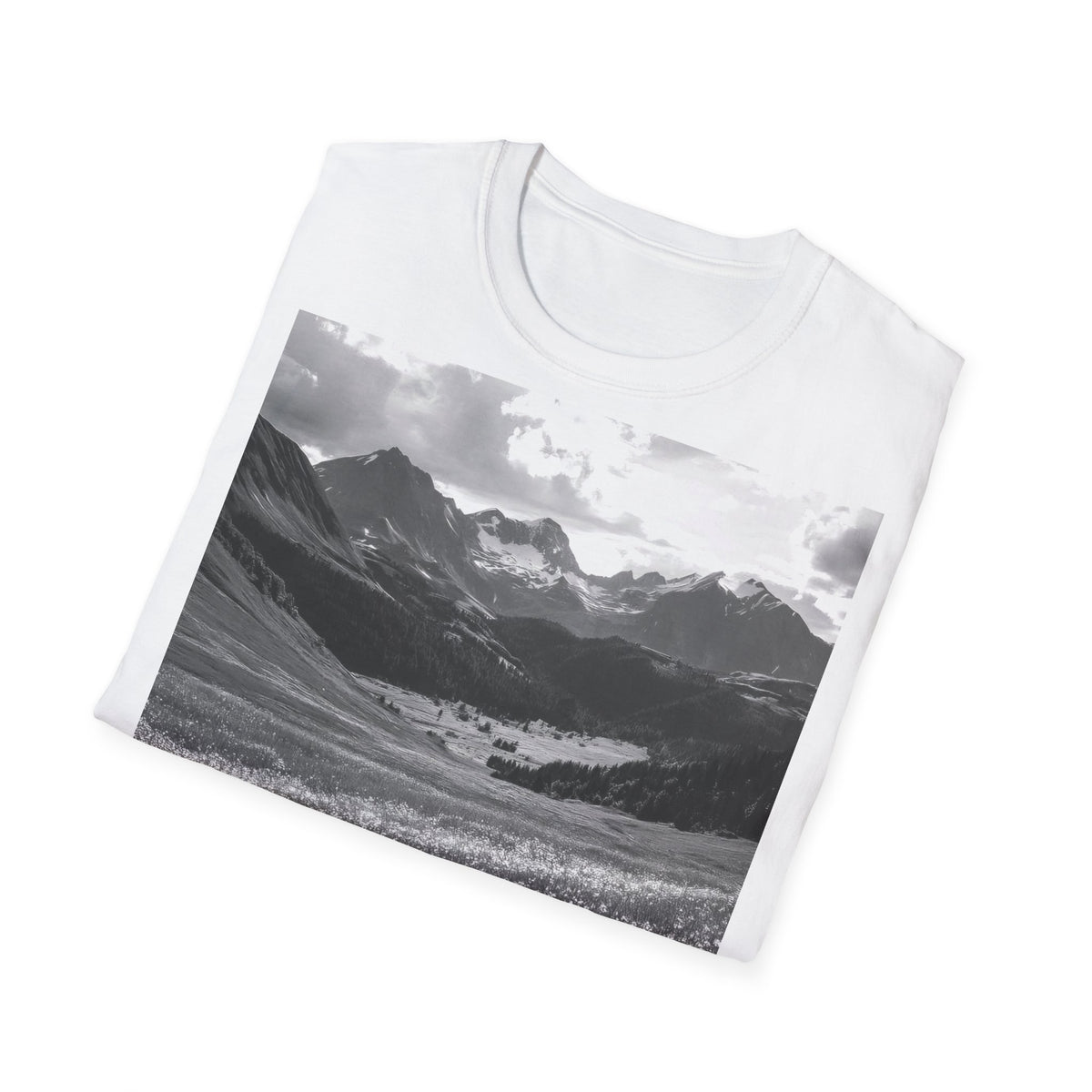 Mountain Meadow Photo T-Shirt — Black & White Nature Landscape Tee