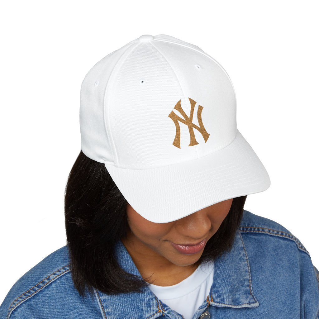 Embroidered Gold NY Logo Cap — Structured Closed-Back Baseball Hat