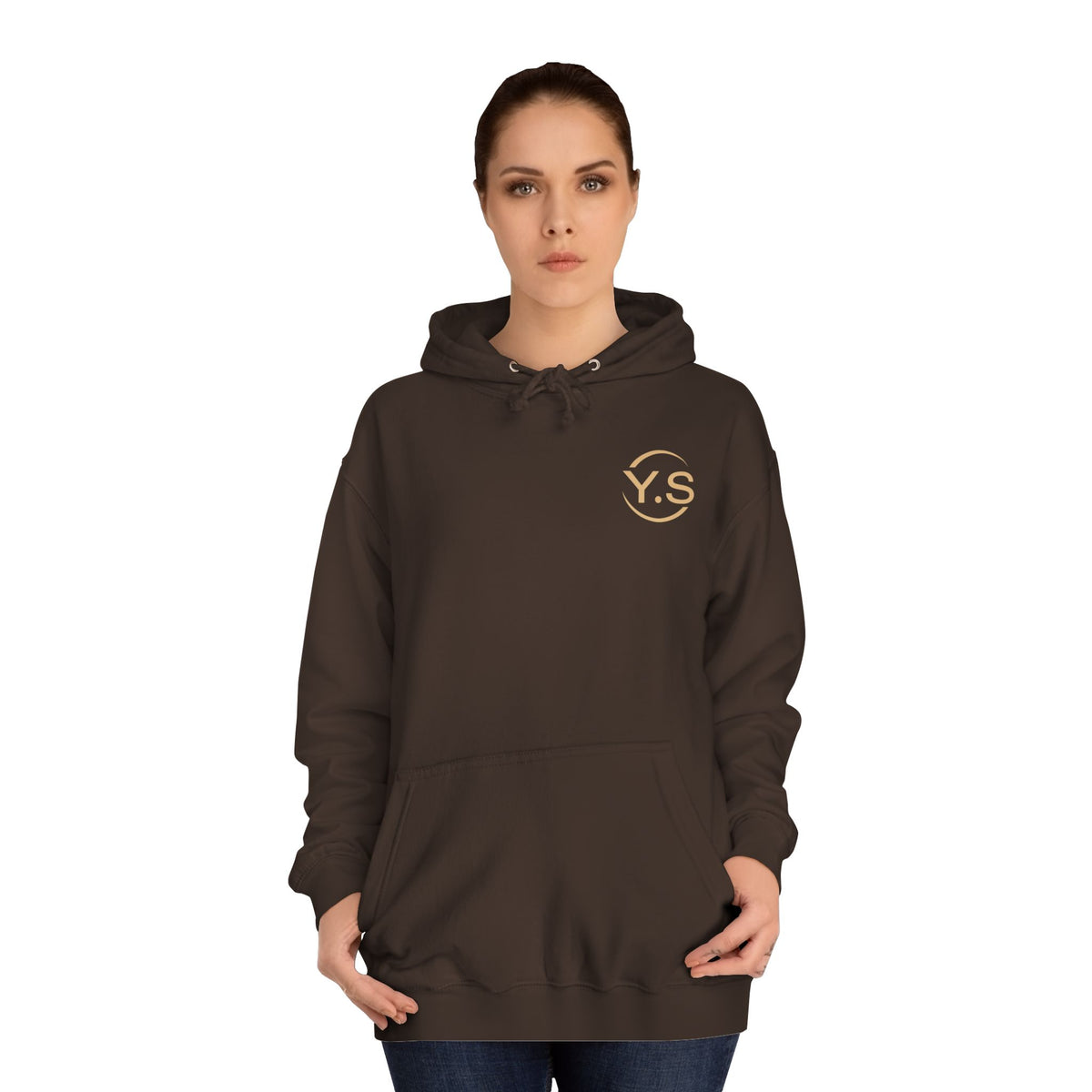 Minimalist White Hoodie with Gold 'Y.S' Chest Logo — Cozy College Style