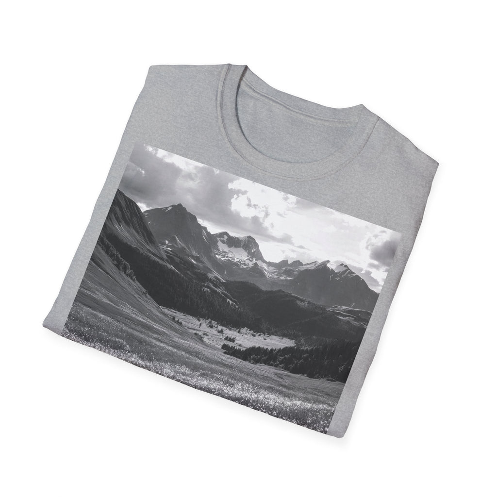 Mountain Meadow Photo T-Shirt — Black & White Nature Landscape Tee