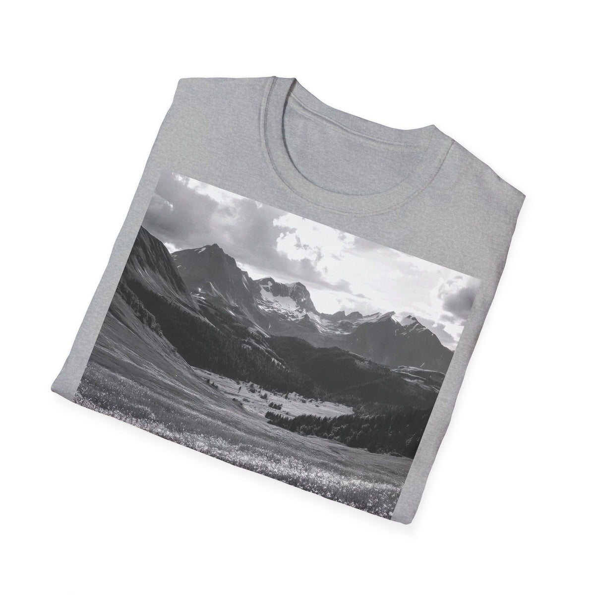 Mountain Meadow Photo T-Shirt — Black & White Nature Landscape Tee