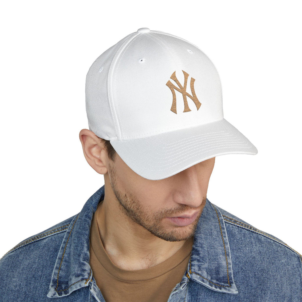 Embroidered Gold NY Logo Cap — Structured Closed-Back Baseball Hat