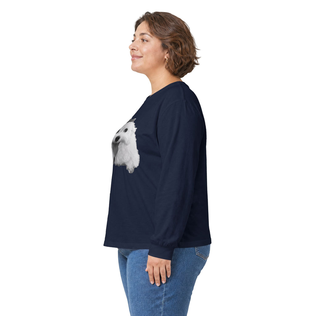 Cute Dog in Hat Long Sleeve Tee — Playful Maltese Puppy Graphic Shirt