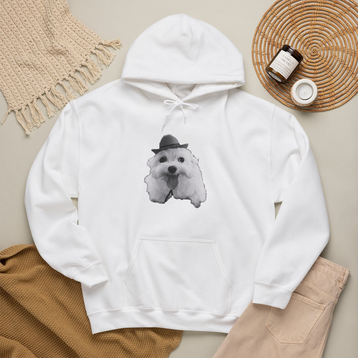 Cute Dog Hoodie — Fluffy Pup with Hat Graphic Sweatshirt