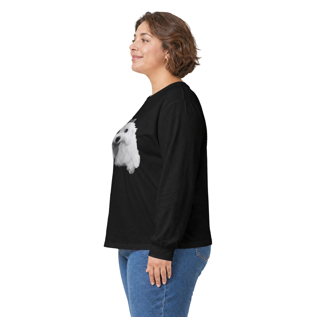 Cute Dog in Hat Long Sleeve Tee — Playful Maltese Puppy Graphic Shirt