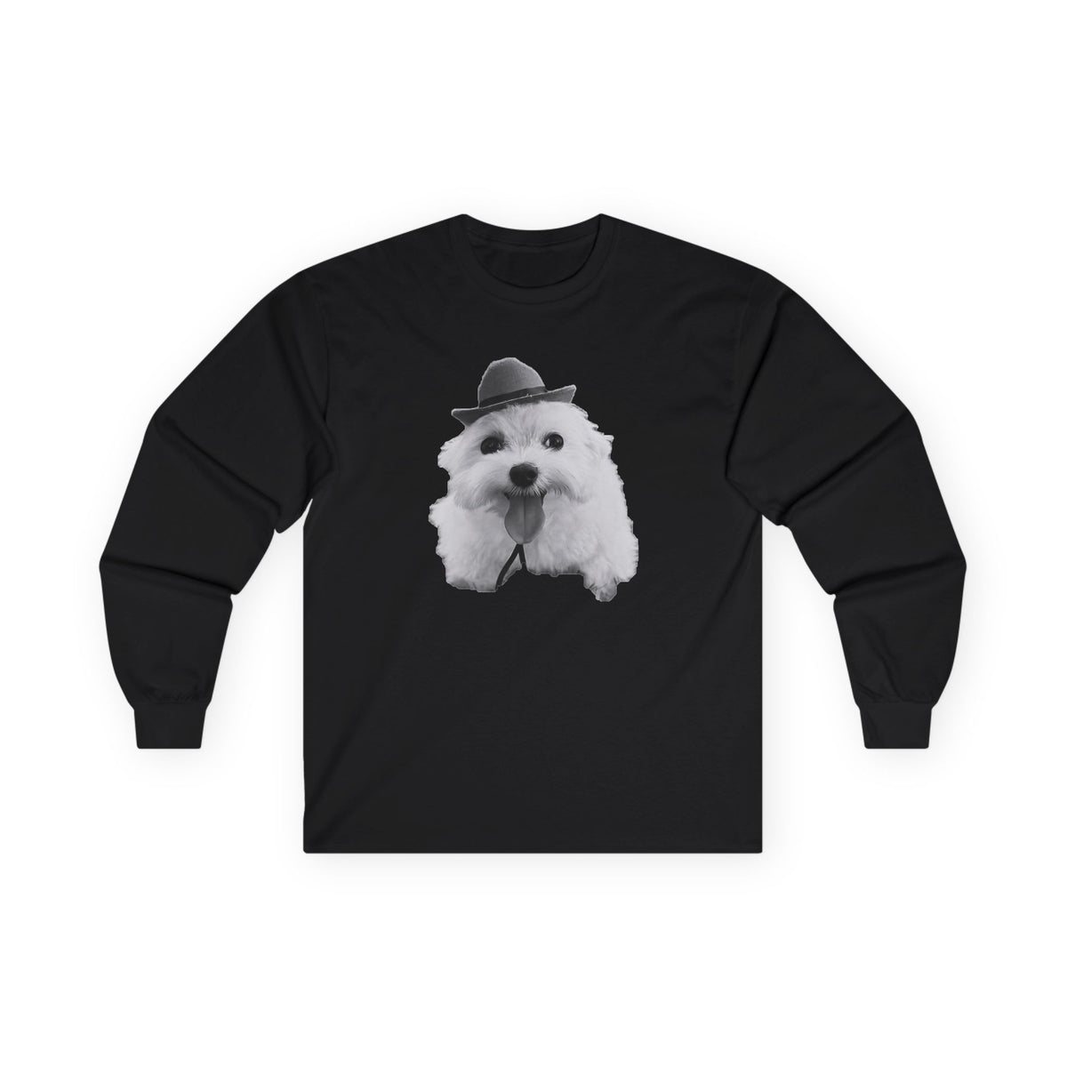 Cute Dog in Hat Long Sleeve Tee — Playful Maltese Puppy Graphic Shirt