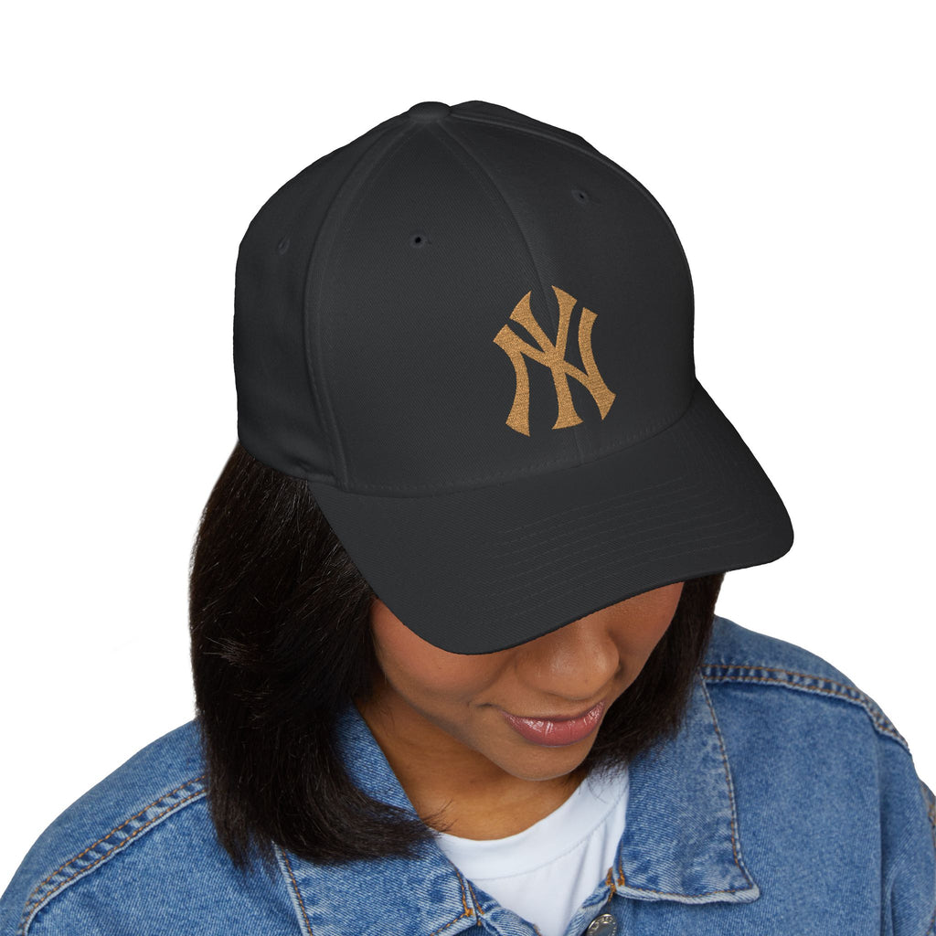 Embroidered Gold NY Logo Cap — Structured Closed-Back Baseball Hat