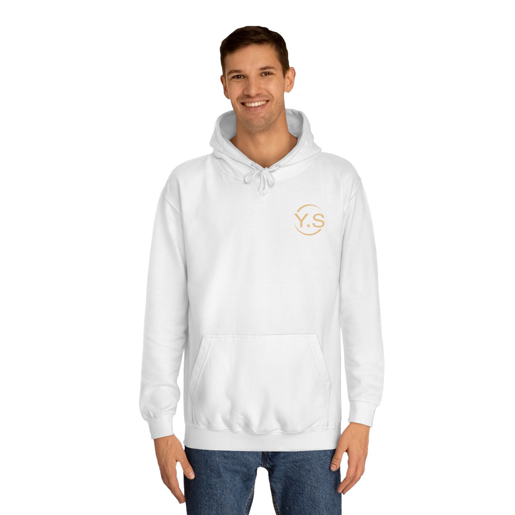 Minimalist White Hoodie with Gold 'Y.S' Chest Logo — Cozy College Style