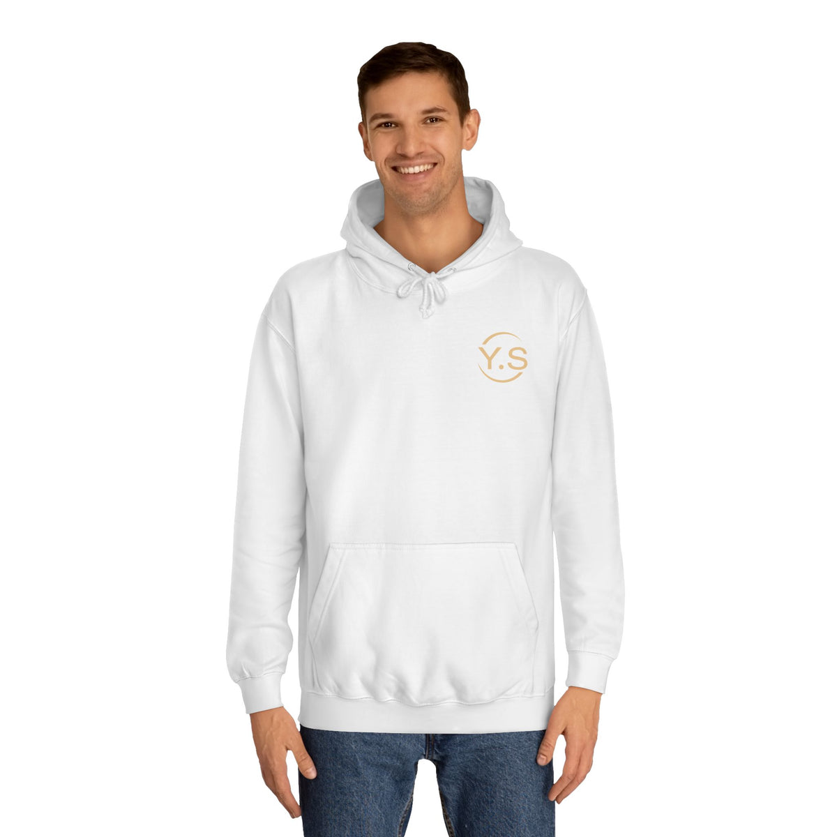 Minimalist White Hoodie with Gold 'Y.S' Chest Logo — Cozy College Style