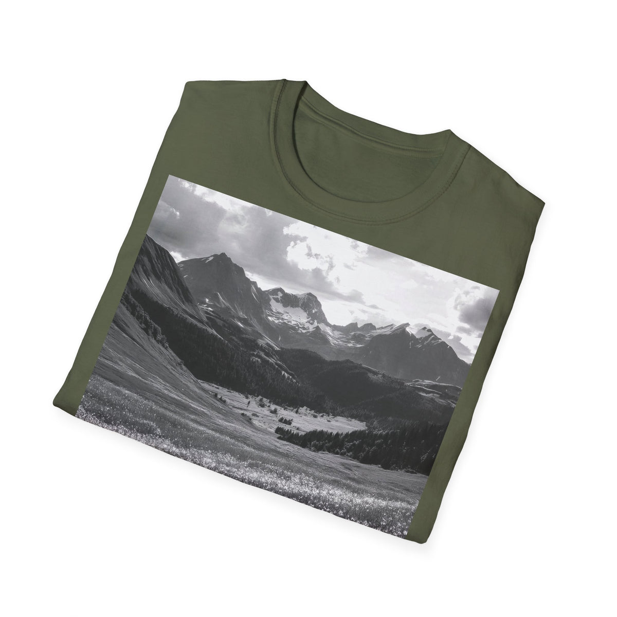 Mountain Meadow Photo T-Shirt — Black & White Nature Landscape Tee