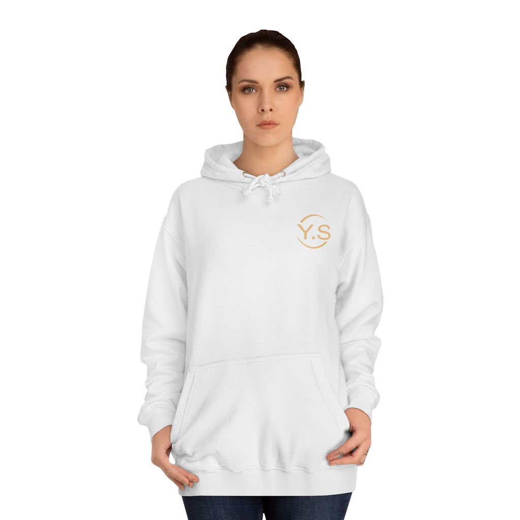 Minimalist White Hoodie with Gold 'Y.S' Chest Logo — Cozy College Style