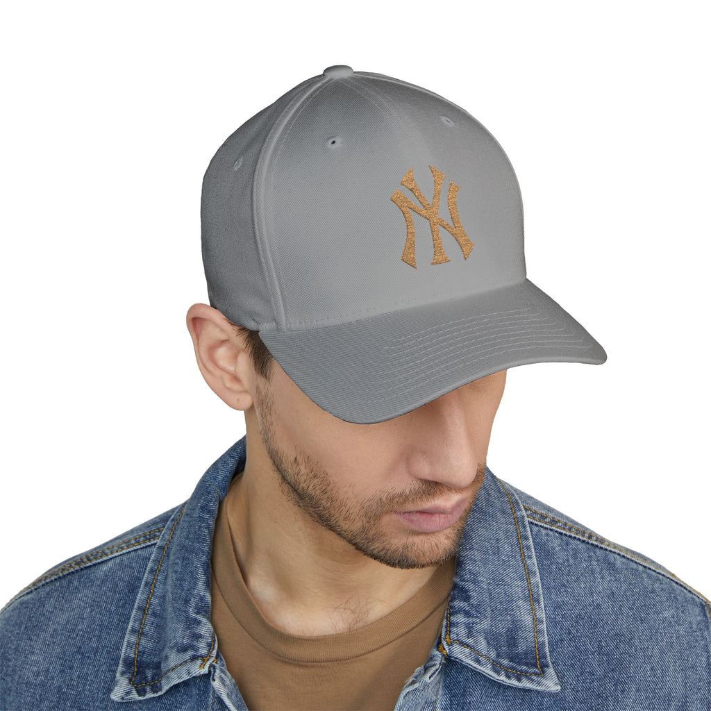 Embroidered Gold NY Logo Cap — Structured Closed-Back Baseball Hat
