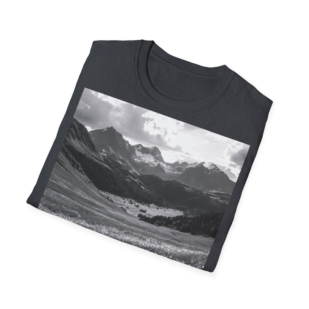 Mountain Meadow Photo T-Shirt — Black & White Nature Landscape Tee