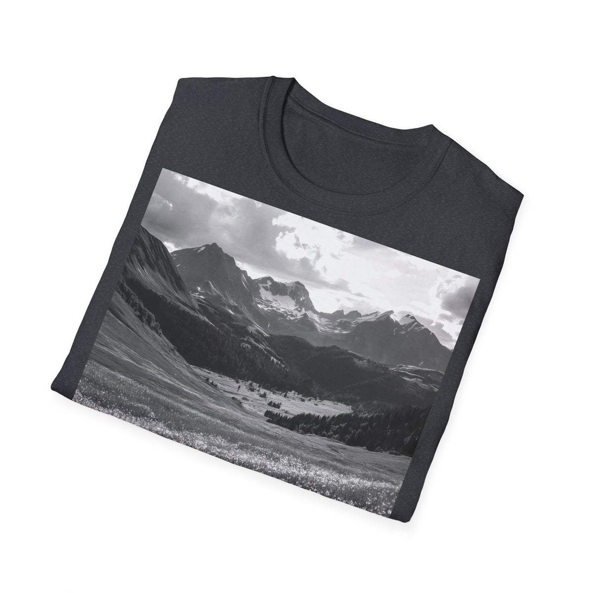 Mountain Meadow Photo T-Shirt — Black & White Nature Landscape Tee