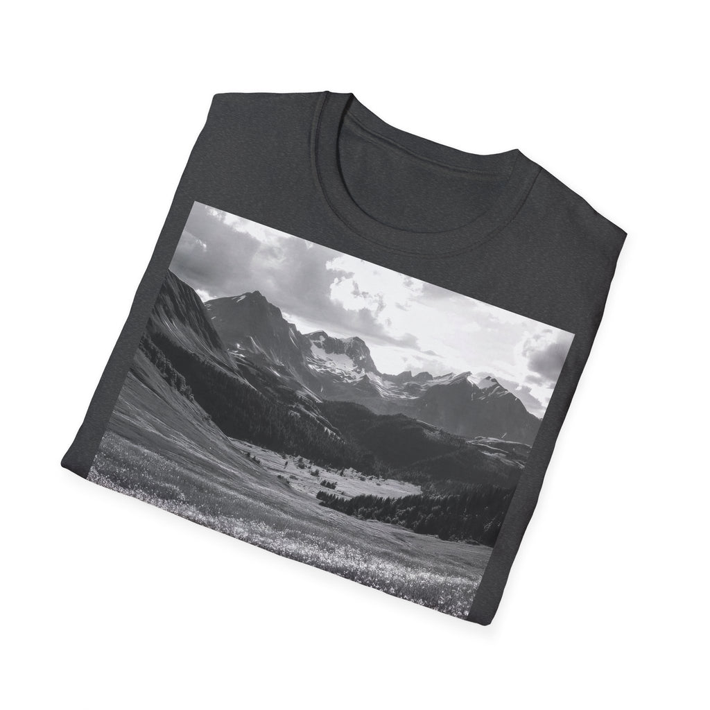 Mountain Meadow Photo T-Shirt — Black & White Nature Landscape Tee