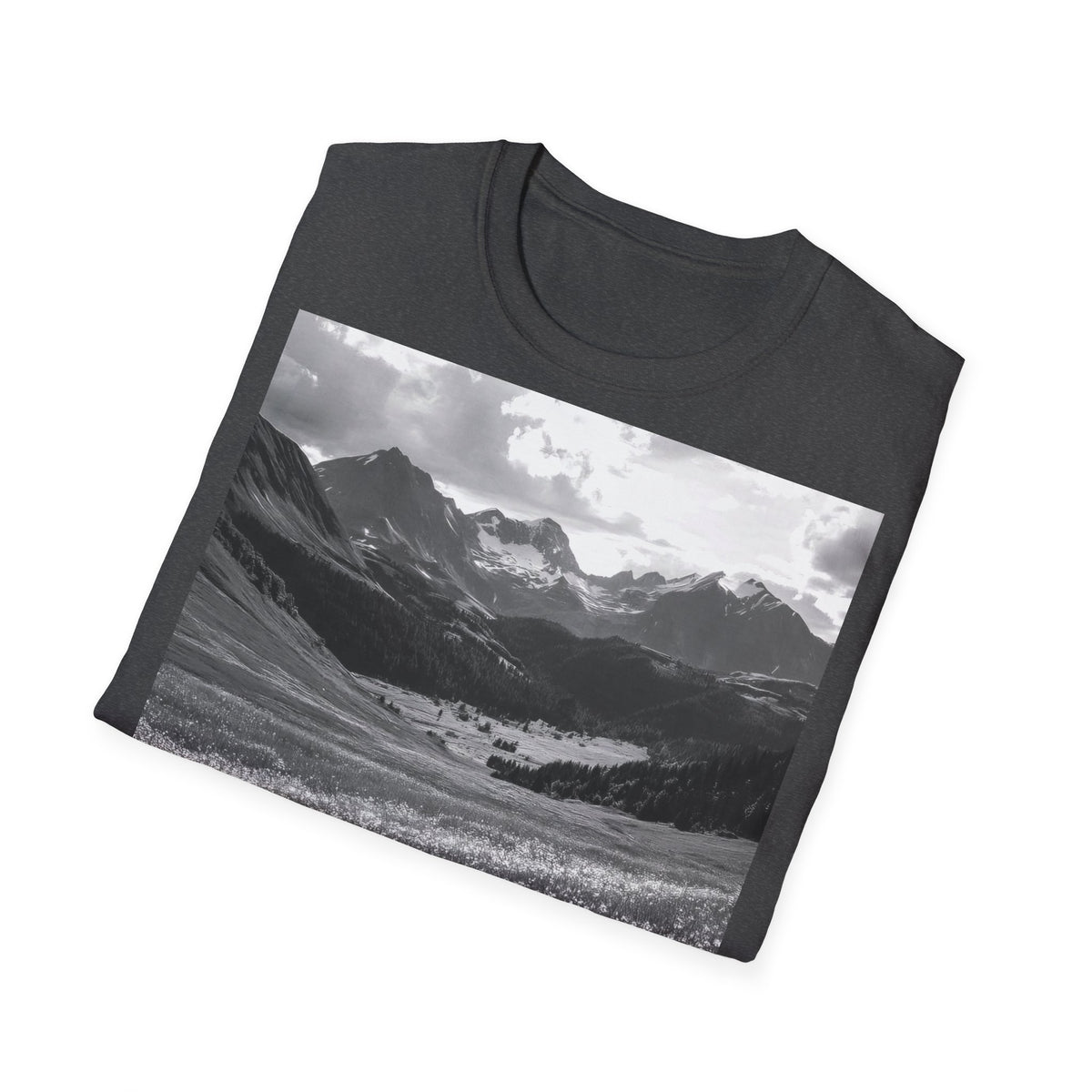 Mountain Meadow Photo T-Shirt — Black & White Nature Landscape Tee