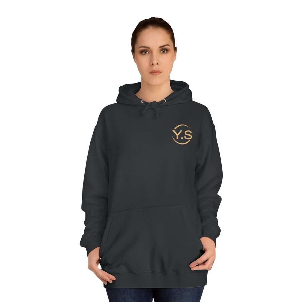 Minimalist White Hoodie with Gold 'Y.S' Chest Logo — Cozy College Style