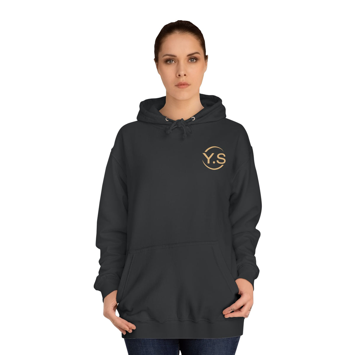 Minimalist White Hoodie with Gold 'Y.S' Chest Logo — Cozy College Style