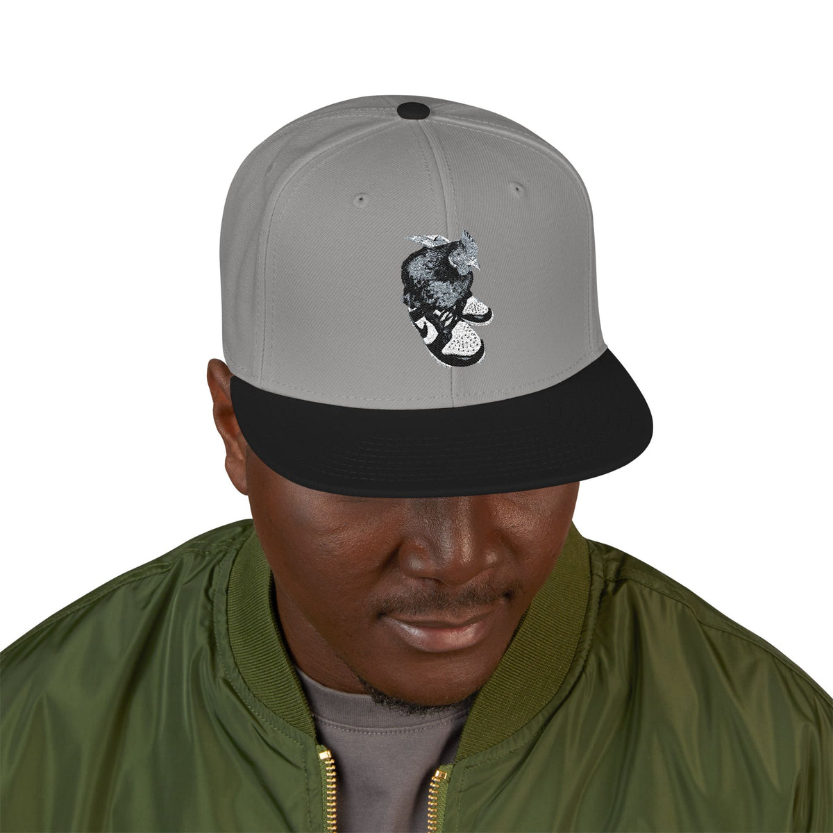 Embroidered Dragon Snapback Hat — Metallic Silver Oriental Crest