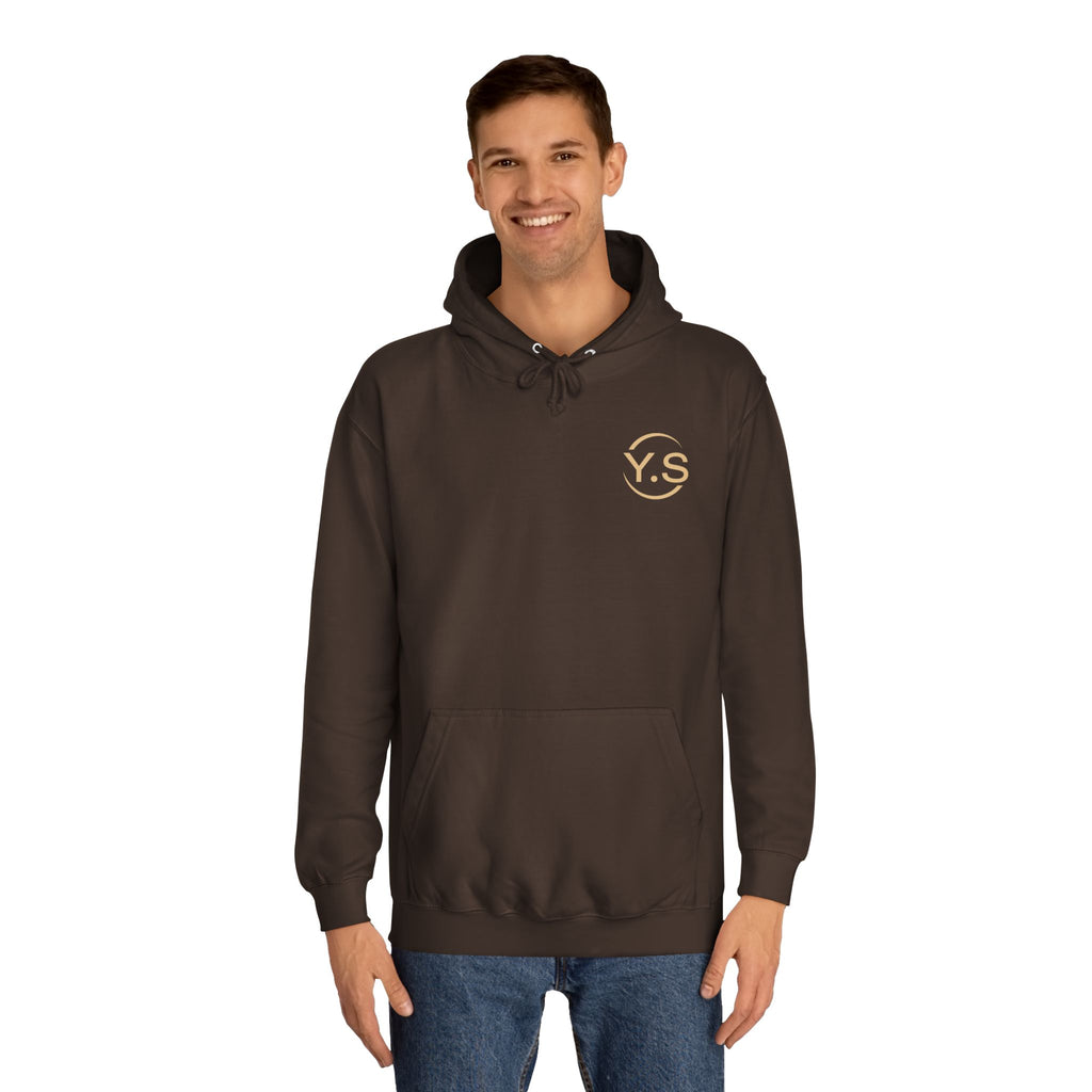 Minimalist White Hoodie with Gold 'Y.S' Chest Logo — Cozy College Style