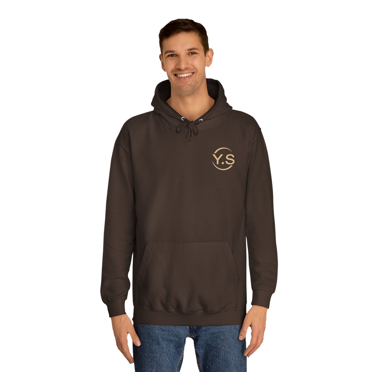 Minimalist White Hoodie with Gold 'Y.S' Chest Logo — Cozy College Style