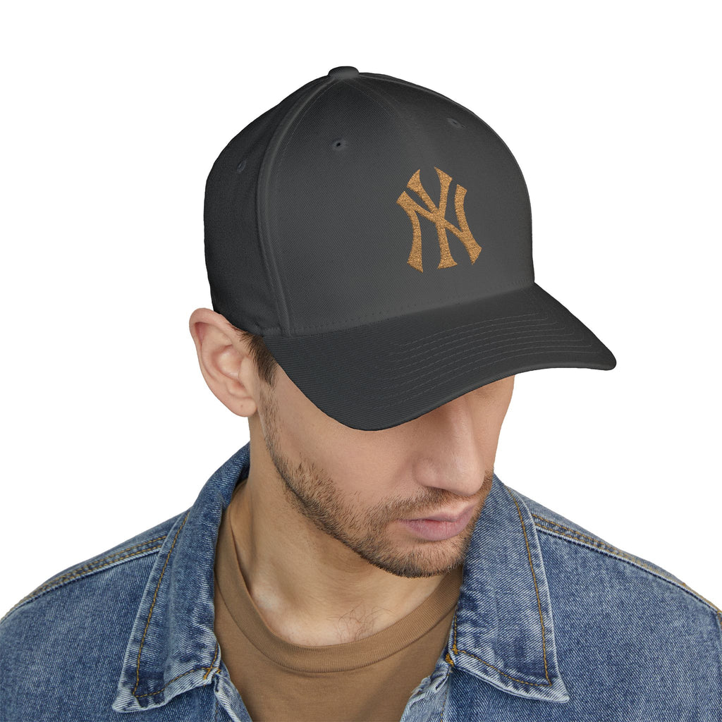 Embroidered Gold NY Logo Cap — Structured Closed-Back Baseball Hat