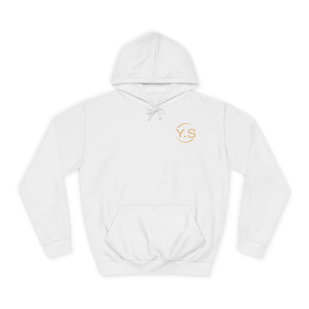 Minimalist White Hoodie with Gold 'Y.S' Chest Logo — Cozy College Style