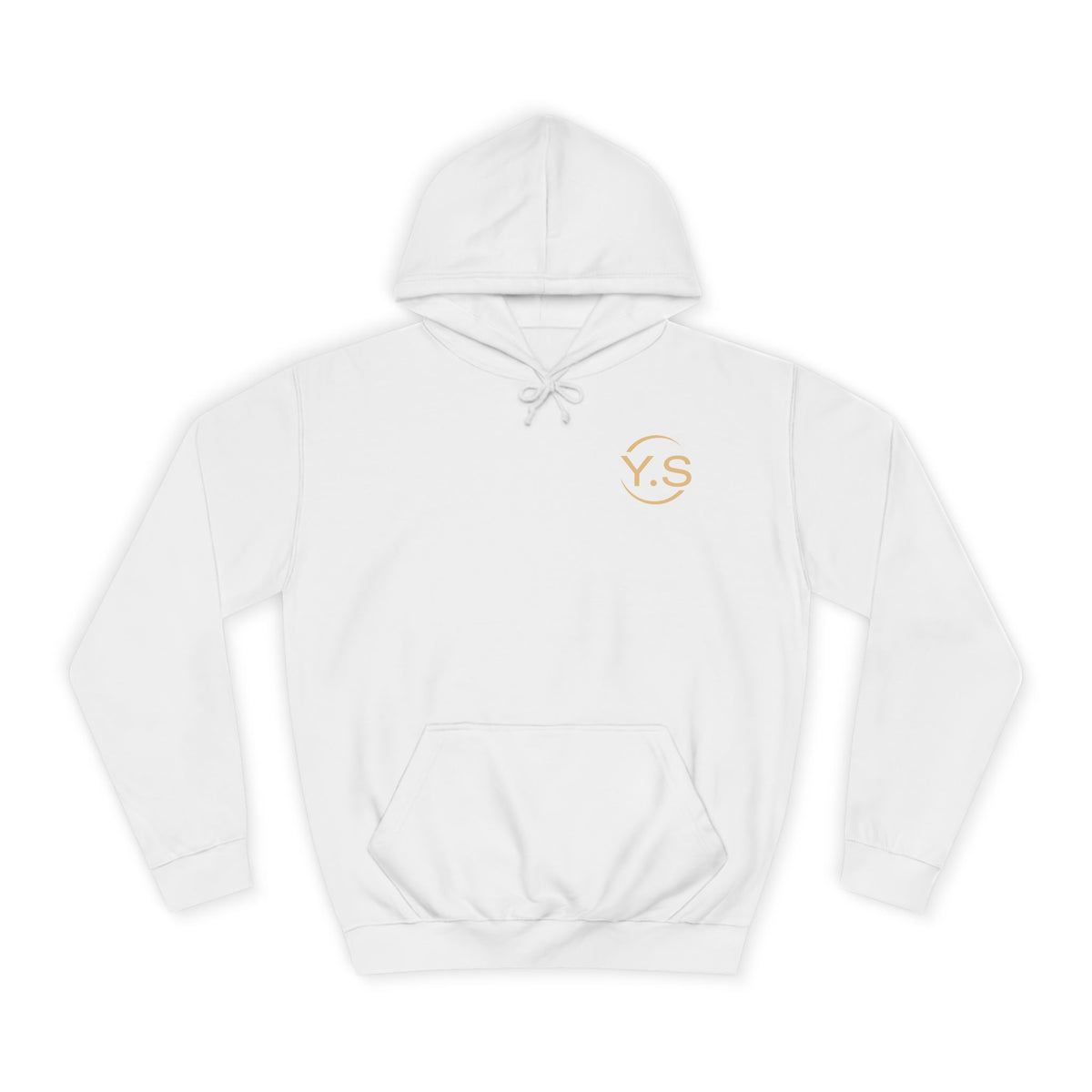 Minimalist White Hoodie with Gold 'Y.S' Chest Logo — Cozy College Style