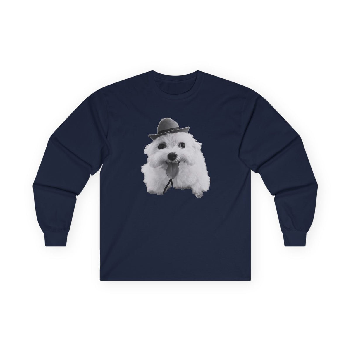 Cute Dog in Hat Long Sleeve Tee — Playful Maltese Puppy Graphic Shirt