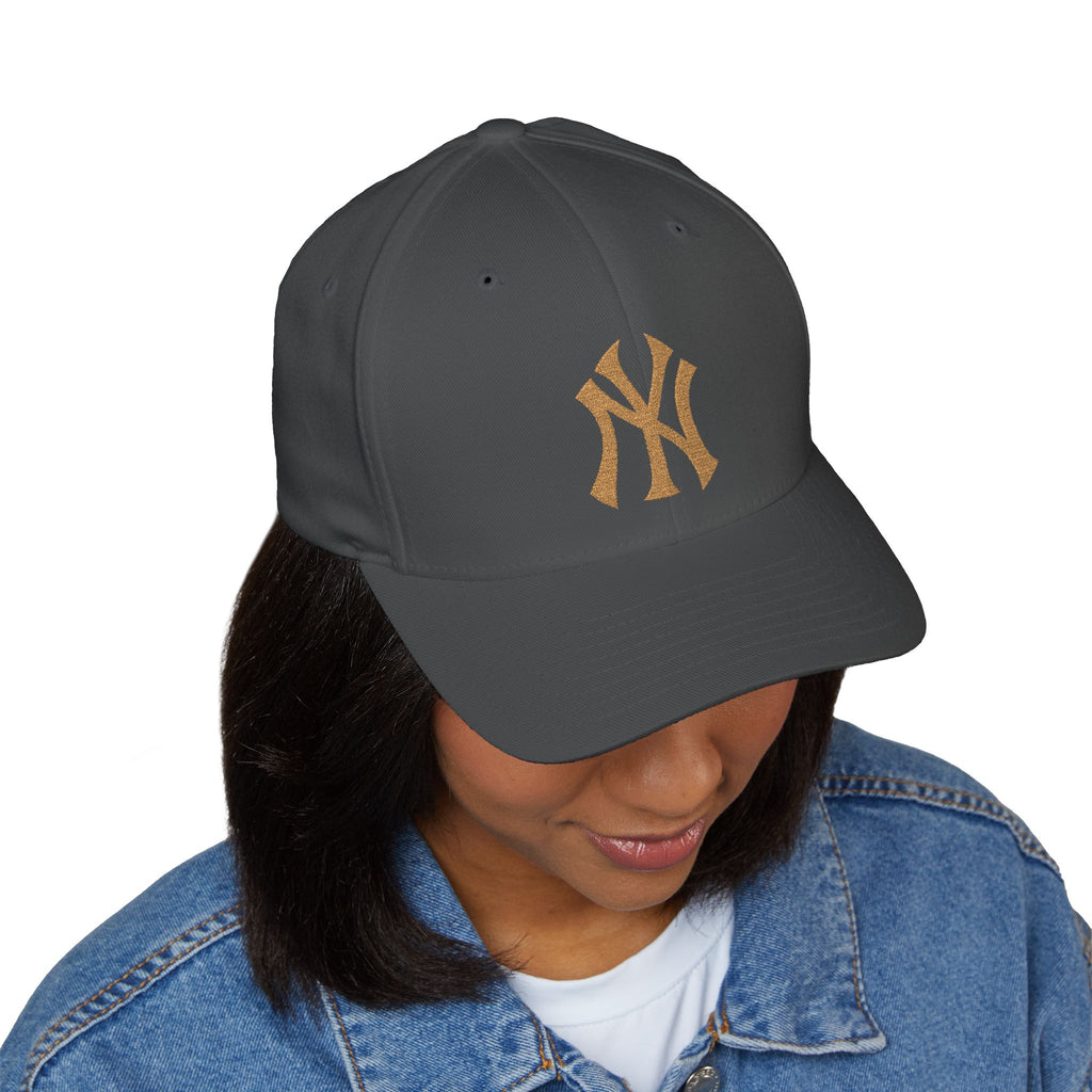 Embroidered Gold NY Logo Cap — Structured Closed-Back Baseball Hat