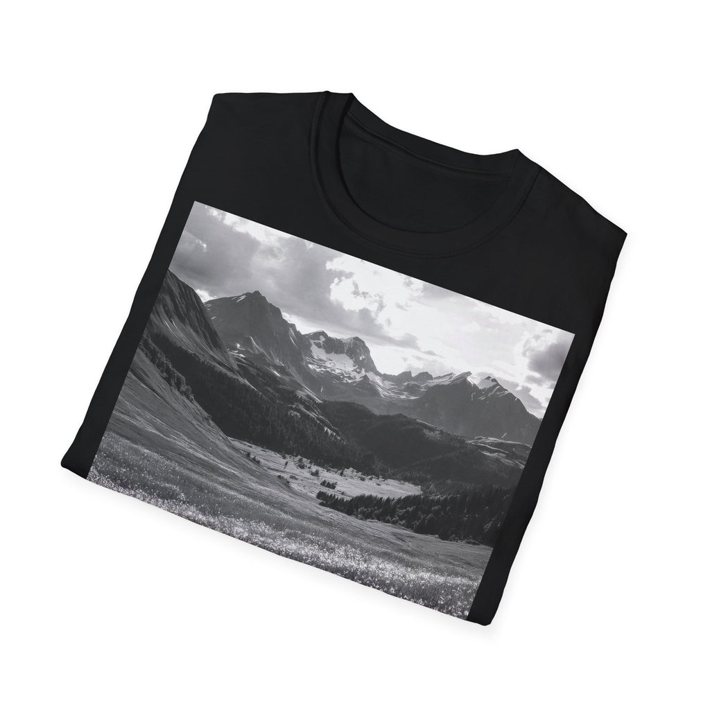 Mountain Meadow Photo T-Shirt — Black & White Nature Landscape Tee