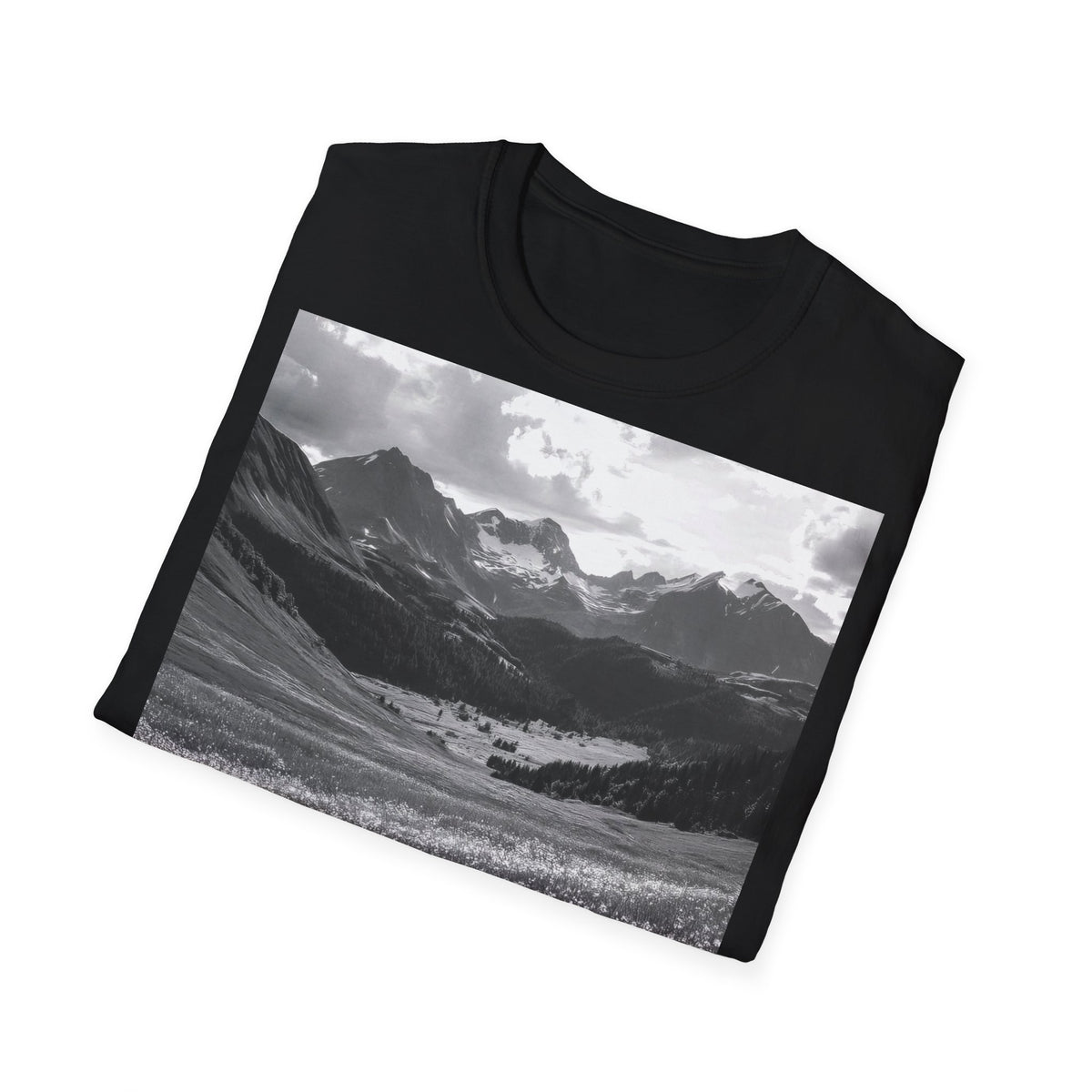 Mountain Meadow Photo T-Shirt — Black & White Nature Landscape Tee