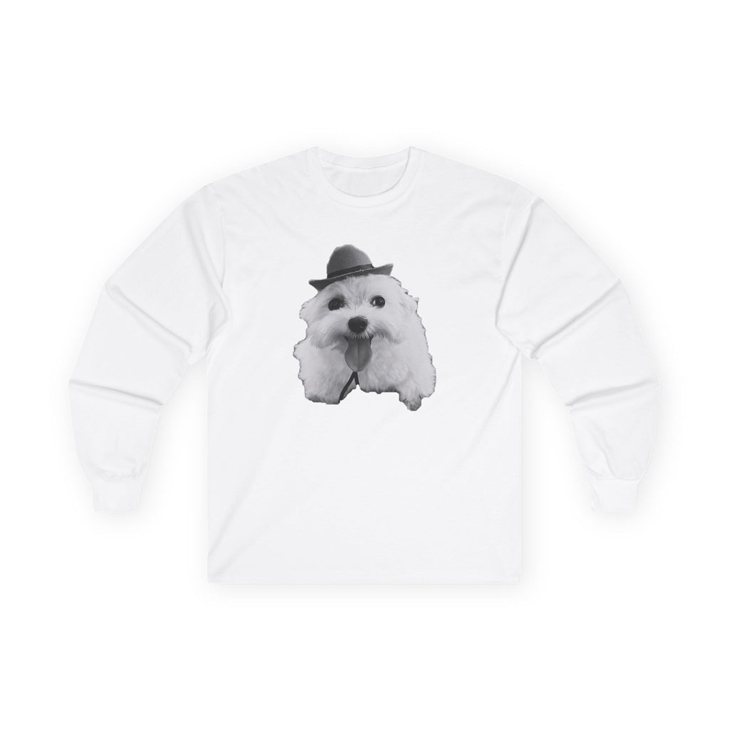 Cute Dog in Hat Long Sleeve Tee — Playful Maltese Puppy Graphic Shirt
