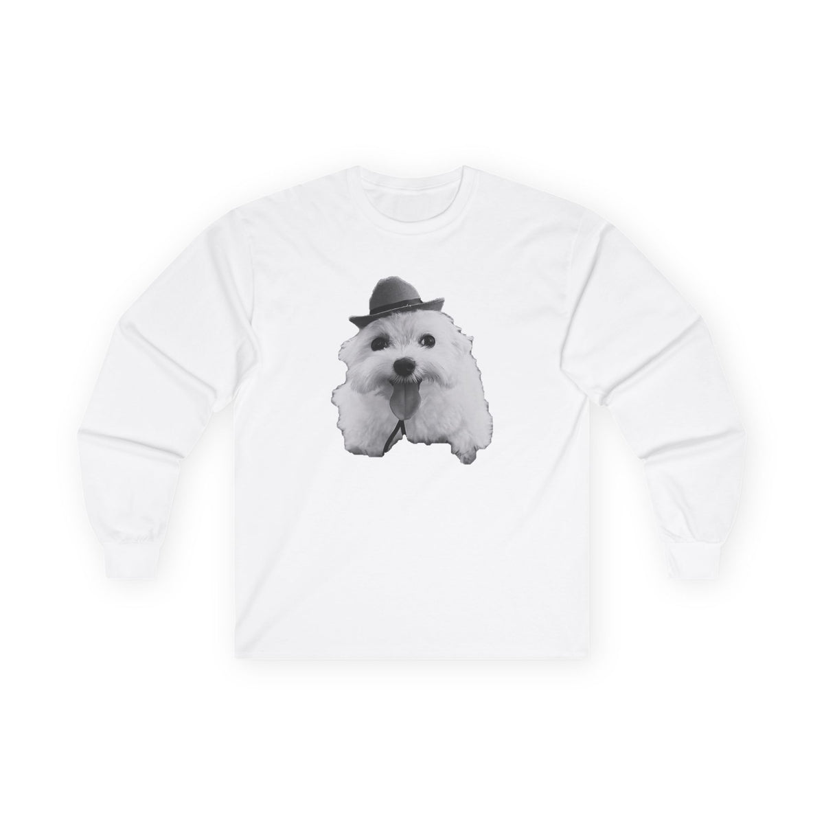 Cute Dog in Hat Long Sleeve Tee — Playful Maltese Puppy Graphic Shirt